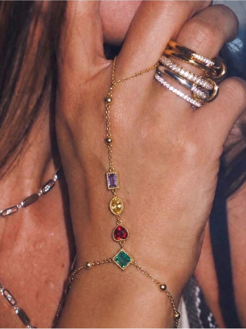Gold Multicolor Gemstone Hand Chain Bracelet - Women Jewelry
